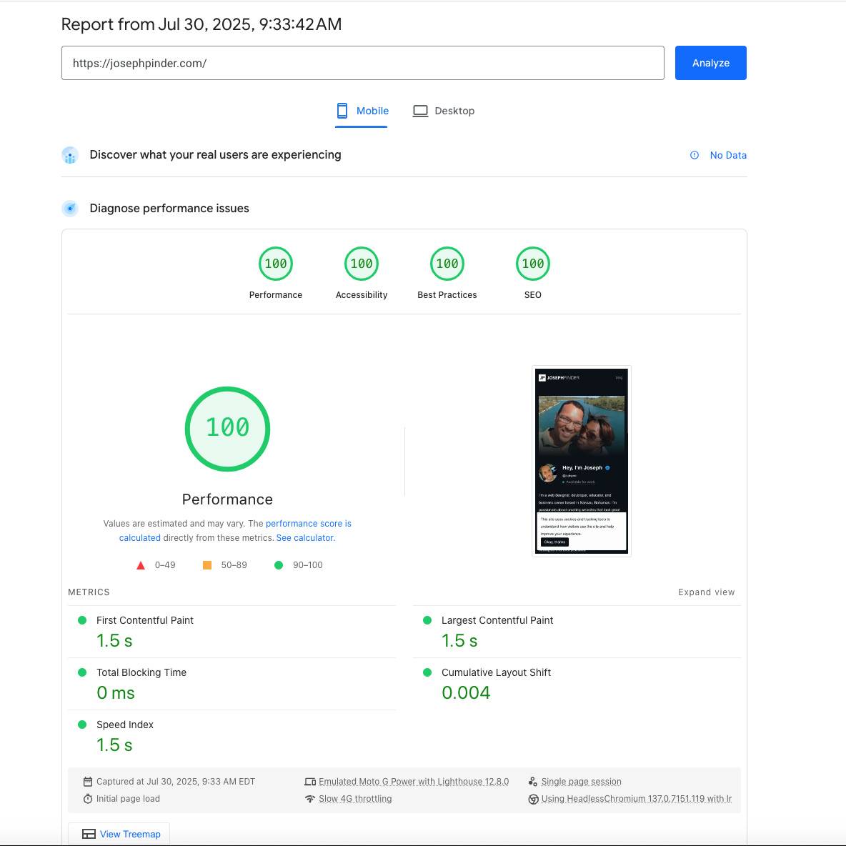Google Pagespeed Insights report for josephpinder.com