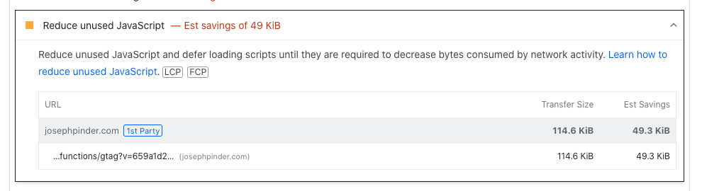 Reduce unused JavaScript (Est. savings: 51 KB)…functions/gtag?v=xxxxxxx (125.7 KB total)
