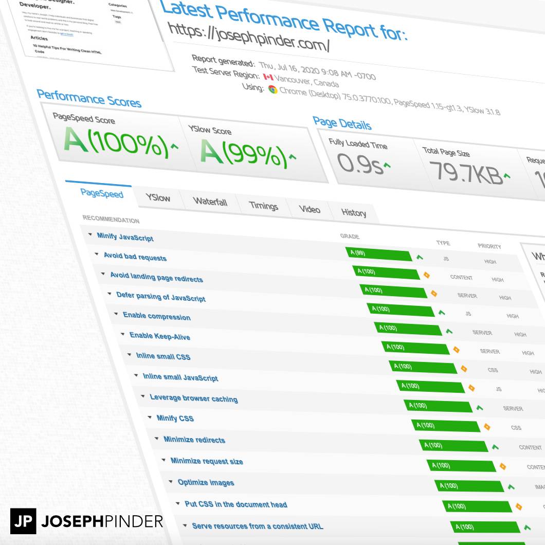 GT Metrix Page Speed results for josephpinder.com